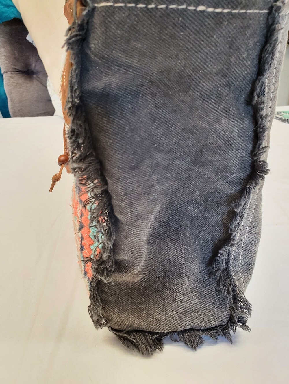 Myra Bag Cowhide Aztec Tote Tooled Leather Turquoise Concho Western Fringe Purse - Picture 6 of 9